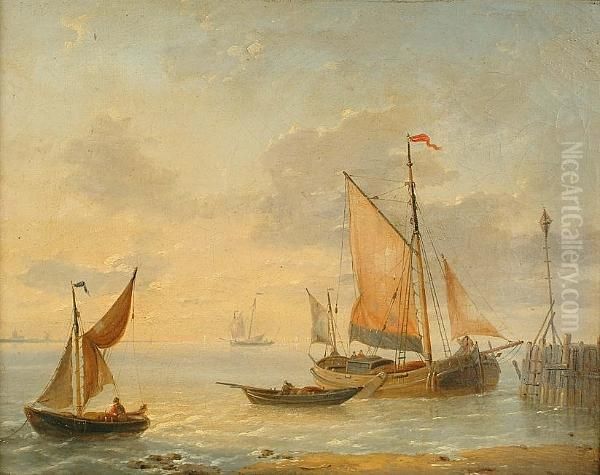 Fishing Vessels Off A Coast Oil Painting by Louis Verboeckhoven