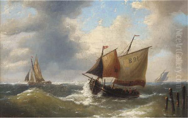 A Boulogne Lugger Offshore In A Swell Oil Painting by Louis Verboeckhoven