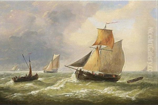 Sailing Vessels At Sea Oil Painting by Louis Verboeckhoven