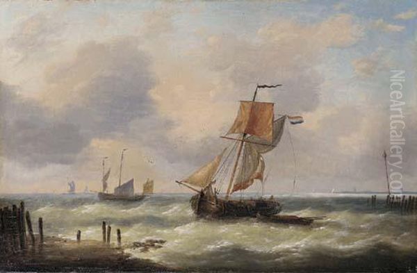 A Dutch Barge Riding At Her Anchor In A Swell Off The Coast Oil Painting by Louis Verboeckhoven