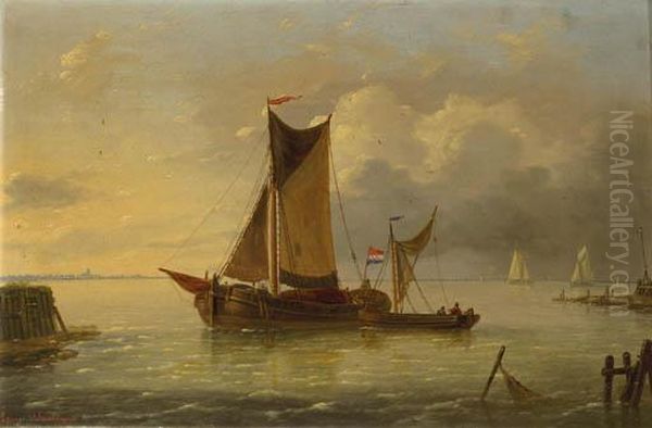 Sailing Vessels In A Harbour Entrance Oil Painting by Louis Verboeckhoven