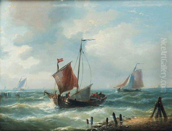 Sailing Vessels On An Estuary In A Breeze Oil Painting by Louis Verboeckhoven