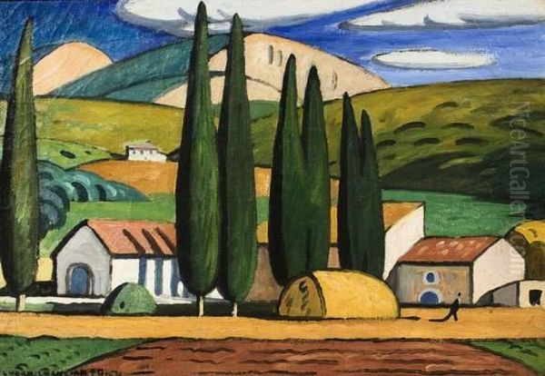 Paysage Aux Cypres Pres D'aix-en-provence. Vers 1920. Oil Painting by Louis-Mathieu Verdilhan