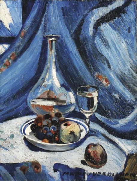 Pomme Raisins Dans Une Assiette, Carafe Et Verre Oil Painting by Louis-Mathieu Verdilhan