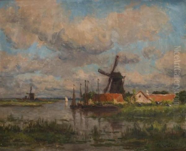 Cours D'eau Avec Bateaux De Peche Et Moulins Oil Painting by Isidore Verheyden