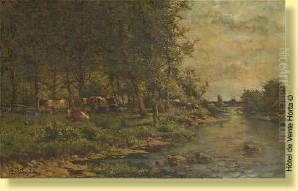 Vaches Dans Un Pre Au Bord D'un Cours D'eau Oil Painting by Isidore Verheyden