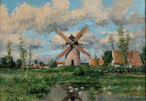 Paysage De Hollande Au Moulin Oil Painting by Isidore Verheyden