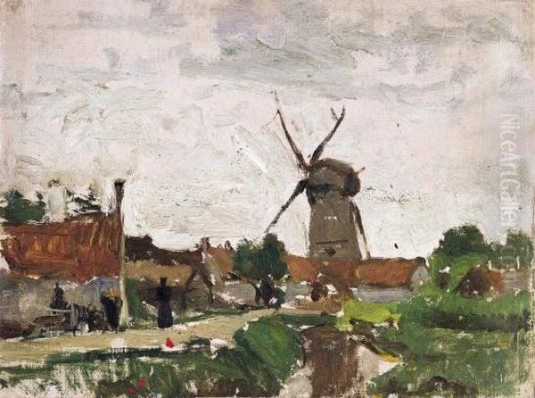 Dorpszicht Met Molen Oil Painting by Isidore Verheyden