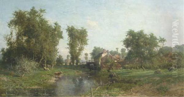 Summer Landscape With Cows Grazing By A Watermill Oil Painting by Isidore Verheyden