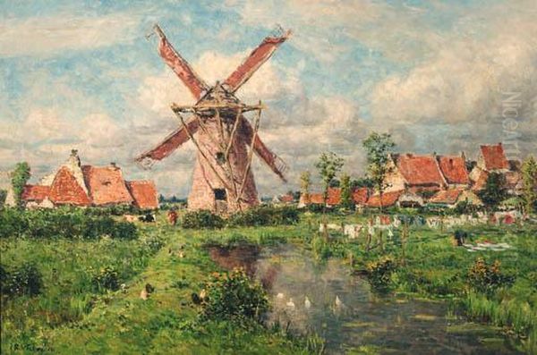 A Windmill In A Village In Summer Oil Painting by Isidore Verheyden