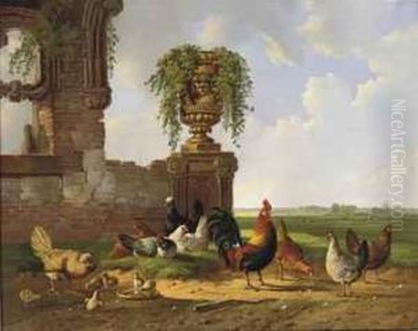 Poultry By A Ruin In An Extensive Landscape Oil Painting by Albertus Verhoesen