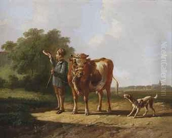 A Cowherd And His Bull Oil Painting by Albertus Verhoesen