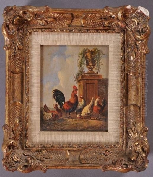 Cocks, Hens And Stone Urn In A Landscape Oil Painting by Albertus Verhoesen