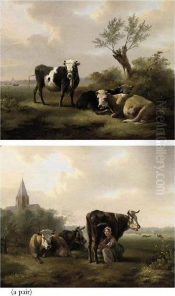 Cattle Resting; And Milking Time Oil Painting by Albertus Verhoesen