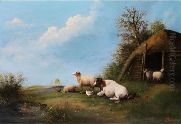 Schafe Und Kuh In Landschaft Vor Stallgebaude Oil Painting by Albertus Verhoesen