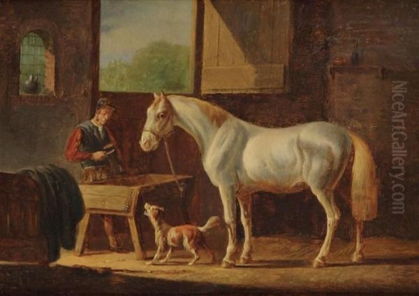 Stable Interior With Horse, Dog And Jockey Oil Painting by Albertus Verhoesen