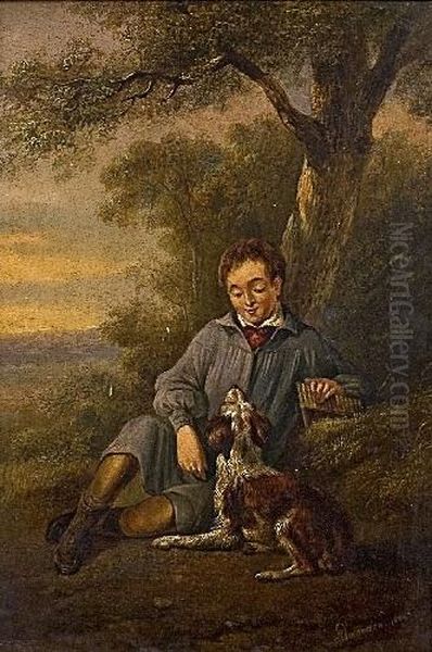 Junge Mit Einer Panflote Und Einem Hund In Abendlicher Landschaft Oil Painting by Albertus Verhoesen