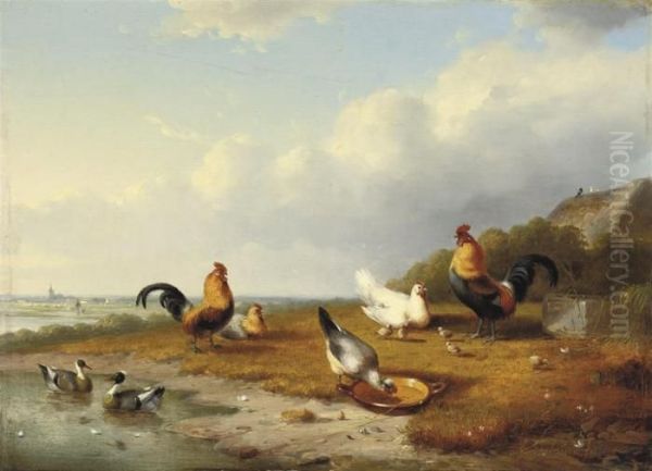 Poultry In An Extensive Landscape Oil Painting by Albertus Verhoesen