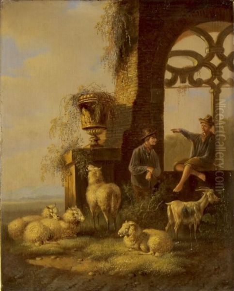 Schaf- Und Ziegenhirte In Einer Ruine Oil Painting by Albertus Verhoesen