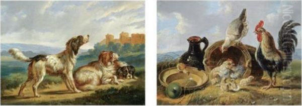 Three Dogs In A Landscape ; A Rooster With Hens And Chicks Oil Painting by Albertus Verhoesen