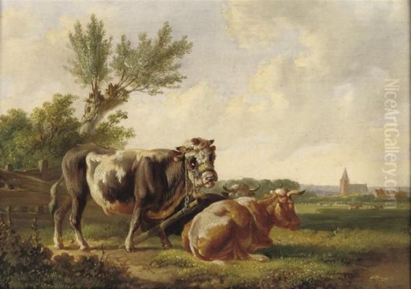 Cattle In The Meadow Oil Painting by Albertus Verhoesen