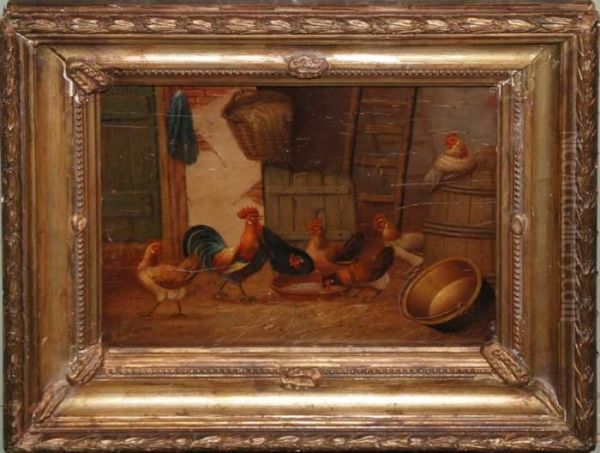 Roosters In Barn Oil Painting by Albertus Verhoesen