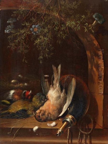 Stilleven Met Gevogelte En Kruithoorn In Een Nis Oil Painting by Albertus Verhoesen