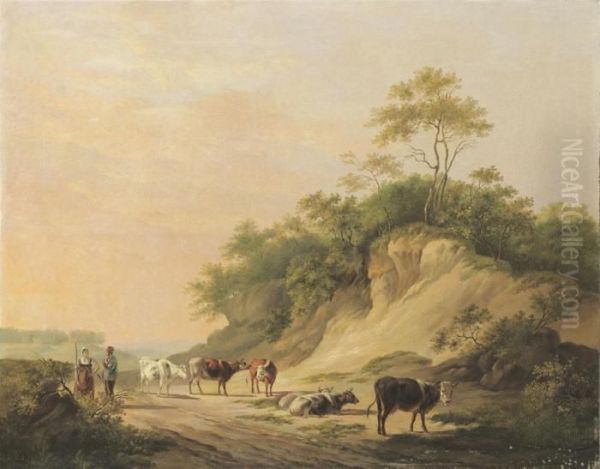 Cattle On A Sandy Track Oil Painting by Albertus Verhoesen