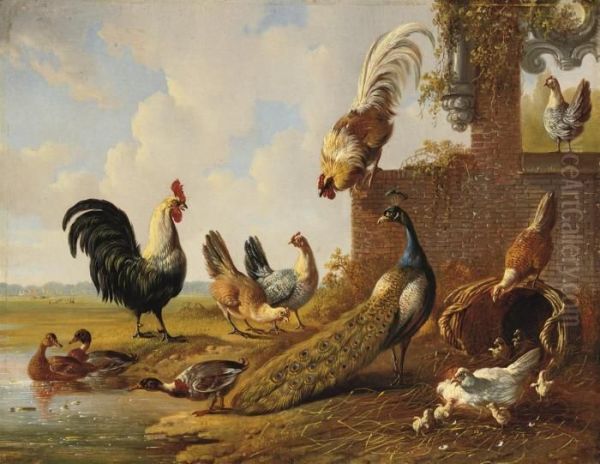 Poultry Near A Ruin Oil Painting by Albertus Verhoesen