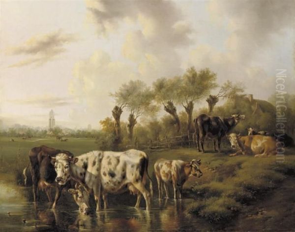 Cattle In A Meadow With The City Of Utrecht In The Distance Oil Painting by Albertus Verhoesen