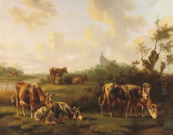 Cows In A Meadow by Albertus Verhoesen