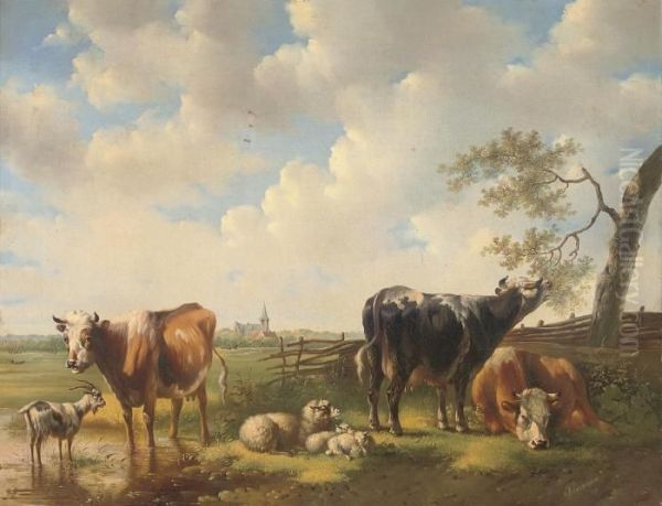 Livestock At The Water's Edge Oil Painting by Albertus Verhoesen