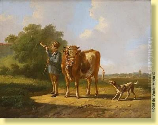 Taureau Et Sonneur De Trompe Oil Painting by Albertus Verhoesen