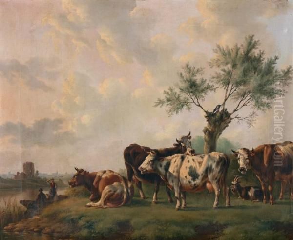 Landschap Met Rustend Vee Bij Wilgenboom Oil Painting by Albertus Verhoesen