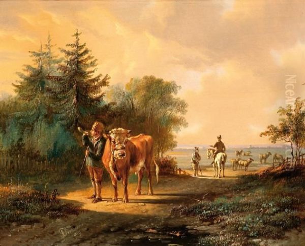 A Man With A Bull And Several Figures In A Landscape Oil Painting by Albertus Verhoesen