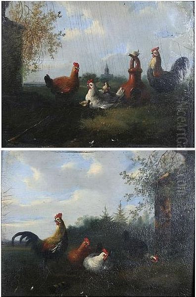 Hens And Chicks In A Field, And Another Similar, A Pair Oil Painting by Albertus Verhoesen