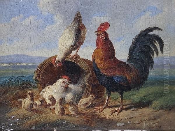 Rooster, Hens And Chicks In A Field Oil Painting by Albertus Verhoesen