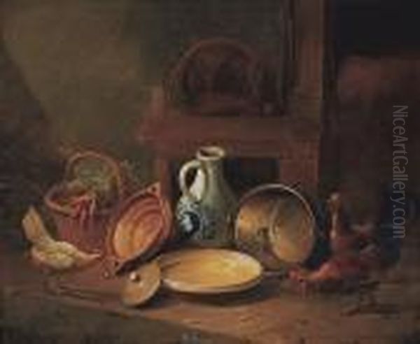 Stil Life With The Washing Up And Poultry (1865) Oil Painting by Albertus Verhoesen