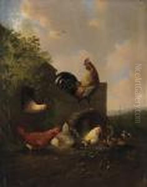 Poultry On The Yard. Signed And 
Dated Lower Left: A. Verhoesen 1837. Oil On Wood. 40 X 31cm. Framed. Oil Painting by Albertus Verhoesen