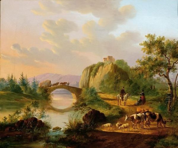 A Landscape With Figures And Cattle On A Sandroad Oil Painting by Albertus Verhoesen