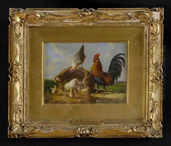 Poultry In The Yard Oil Painting by Albertus Verhoesen