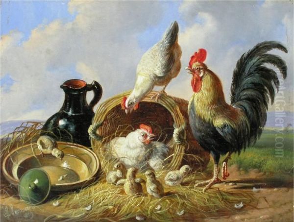 Huhner Mit Korb, Krug Und Teller Oil Painting by Albertus Verhoesen