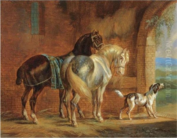 Horses In A Stable Oil Painting by Albertus Verhoesen