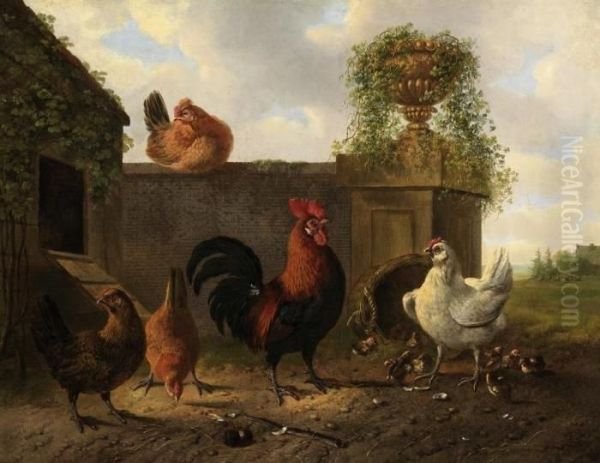 Poultry In The Courtyard Oil Painting by Albertus Verhoesen