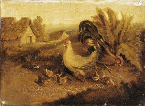 Chickens Feeding With Cottages Beyond Oil Painting by Albertus Verhoesen