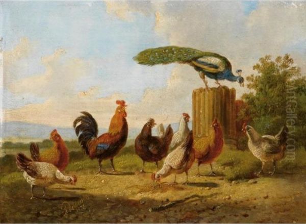 Poultry In A Landscape; A Hen And Her Chicks In A Landscape (a Pair) Oil Painting by Albertus Verhoesen