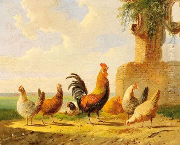 A Rooster And Six Chickens Oil Painting by Albertus Verhoesen