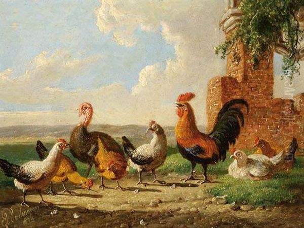 A Turkey And Further Poultry Oil Painting by Albertus Verhoesen