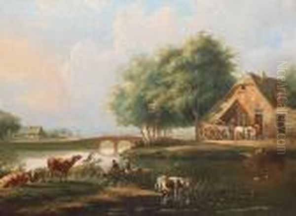 Bauerliche Fluslandschaft Mit Brucke, Fahrboot, Figuren Und Tieren Oil Painting by Albertus Verhoesen