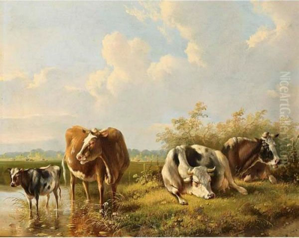 Cows In A Landscape Oil Painting by Albertus Verhoesen